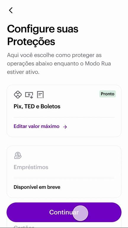 O modo rua é acionado na aba de segurança do app Nubank