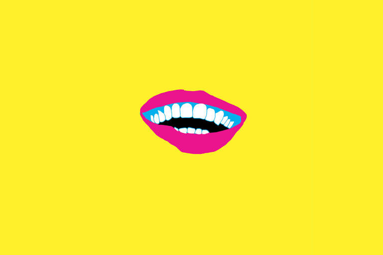 Sobre um fundo amarelo há uma boca magenta com dentes brancos, gengiva cyan e garganta preta sorrindo.