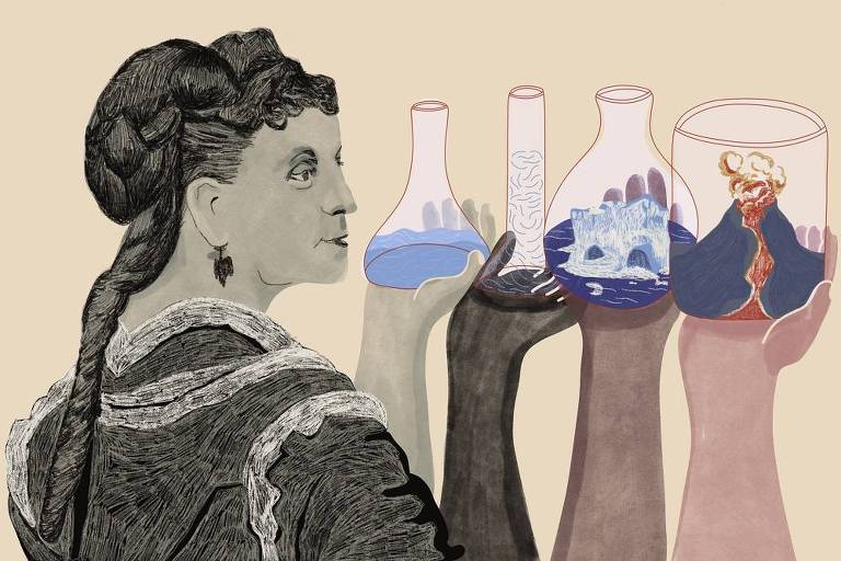 Arte ilustra a cientista Eunice Foote e quatro braços segurando frascos de vidro contendo imagens de vulcão, de geleiras, de água e de ar