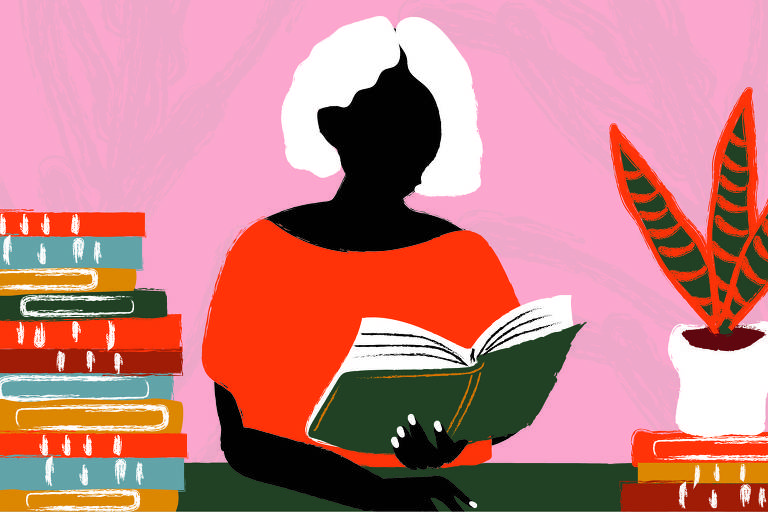 Na ilustração, de fundo rosa, uma mulher está ao centro lendo um livro, à sua esquerda está uma pilha de livros e à sua direita outros livros e um vaso com planta em cima desses.