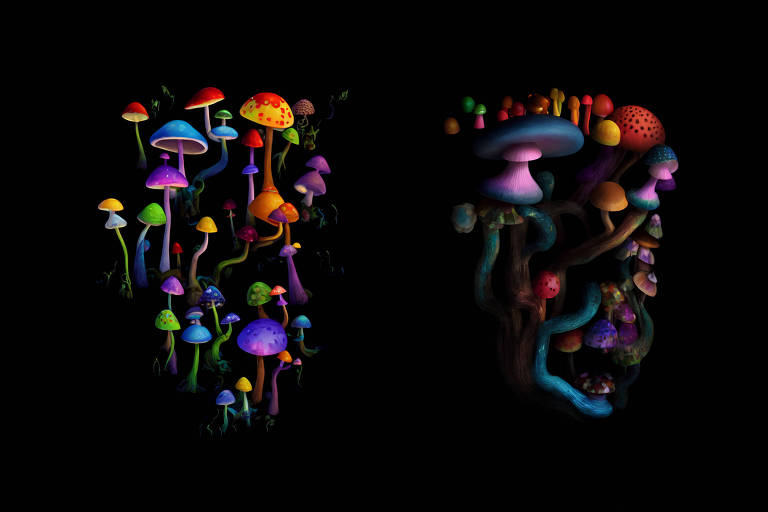 Vários cogumelos em cores psicodélicas compões a figura de duas cabeças