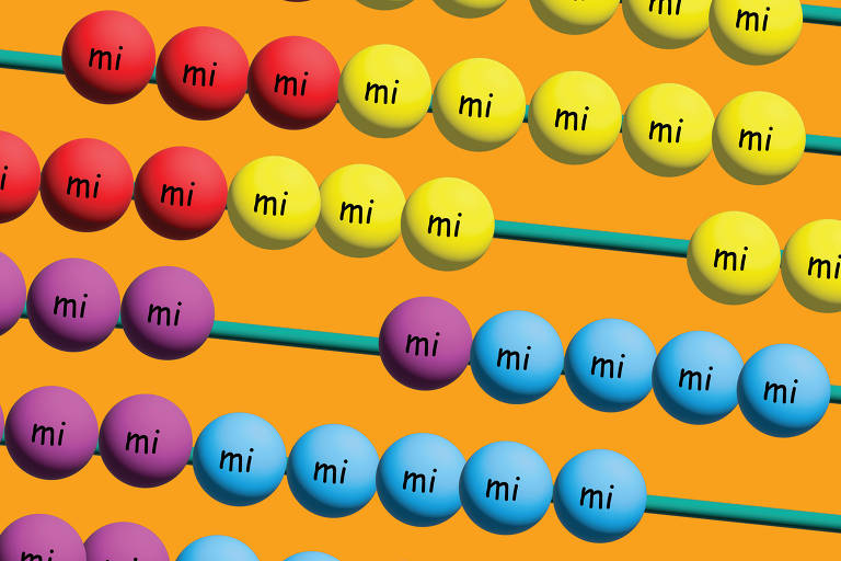A ilustração mostra um ábaco visto de perto com bolinha coloridas (vermelhas, amarelas, roxas e azuis) posicionadas em várias direções e em cada bolinha está estampada a sílaba mi.