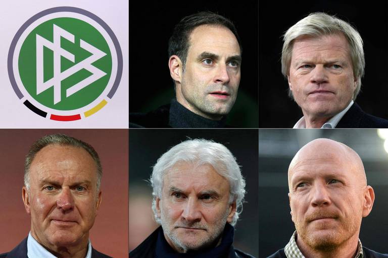 Da esquerda para a direita, a partir do alto e no sentido horário, montagem mostra o escudo da Federação Alemã de Futebol e Oliver Mintzlaff, Oliver Kahn, Matthias Sammer, Rudi Völler e Karl-Heinz Rummenigge, notáveis que tentarão reerguer a seleção alemã para a Eurocopa de 2024