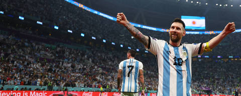 Soccer Football - FIFA World Cup Qatar 2022 - Semi Final - Argentina v Croatia - Lusail Stadium, Lusail, Qatar - December 13, 2022 Argentina's Lionel Messi celebrates their third goal scored by Julian Alvarez REUTERS/Molly Darlington