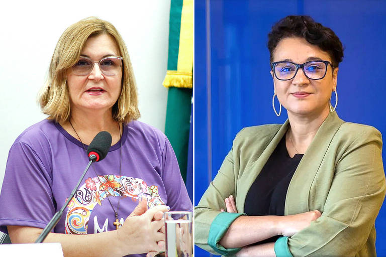 À esquerda, Rita Serrano (esq.), nova presidente da Caixa Econômica Federal. Ela tem cabelo loiro até os ombros e veste uma blusa roxa. No lado direito está Tarciana Medeiros, primeira mulher a presidir o Banco do Brasil. Ela tem cabelo curto, preto, e veste uma casado verde sobre uma blusa preta.