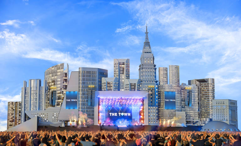 O palco principal do The Town, Skyline, com reproduções de prédios clássicos de São Paulo