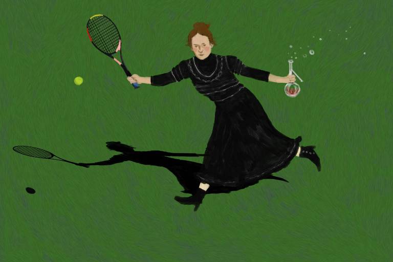 Arte ilustra a cientista Marie Curie com um vestido preto longo e coque de cabelo jogando tênis; em uma mão ela segura uma raquete com a qual rebate uma bola, na oura ela segura um frasco de laboratório contendo um líquido que solta bolhas
