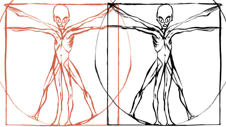 Dois seres com aspecto de ETs nas mesmas poses do Homem Vitruviano, de Leonardo Da Vinci