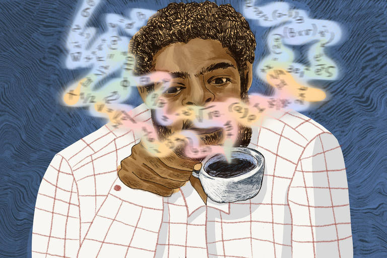 Arte ilustra um homem negro segurando e sentindo o aroma de uma xícara de café; a fumaça que sai do café está permeada por fórmulas matemáticas