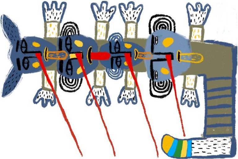 ilustração mostra uma espécie de totem, com 4 cabeças azuis. Elas estão curvadas para à esquerda. Todas têm uma expressão neutra, as bochechas pintadas de amarelo e estão com a língua para fora. Os braços estão abertos e, no único pé, uma meia colorida