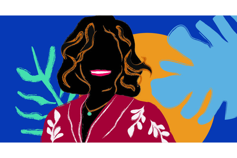 Na ilustração de fundo azul royal, está a silhueta de Glória Maria. Ela está sorrindo, é negra, usa uma blusa de cor magenta com detalhes brancos, seus cabelos estão soltos e atrás dela surgem as imagens de plantas e um sol amarelo.