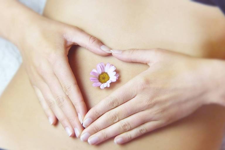 Foto mostra barriga de mulher deitada; no lugar do umbigo, ela tem uma flor, e as mãos à volta em forma de coração