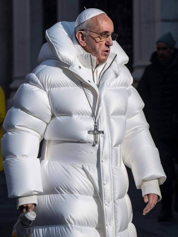 Montagem mostra o Papa Francisco vestindo uma jaqueta branca. Ele aparece andando em uma rua, vestindo um jaquetão de nylon branco e seu crucifixo no peito.