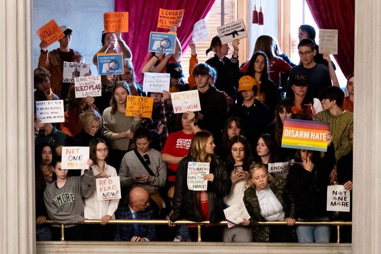 a foto mostra um grupo de manifestantes dentro de um recinto público erguendo cartazes contra o porte de armas