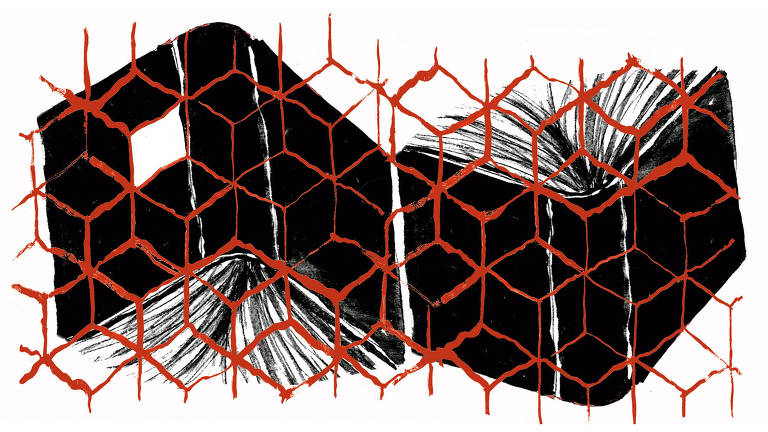 Dois livros abertos em pé, um de cabeça pra baixo em relação ao outro são vistos por detrás de uma trama de cubos vermelhos transparentes, uma rede geométrica semelhante a uma grade ou uma colmeia.
