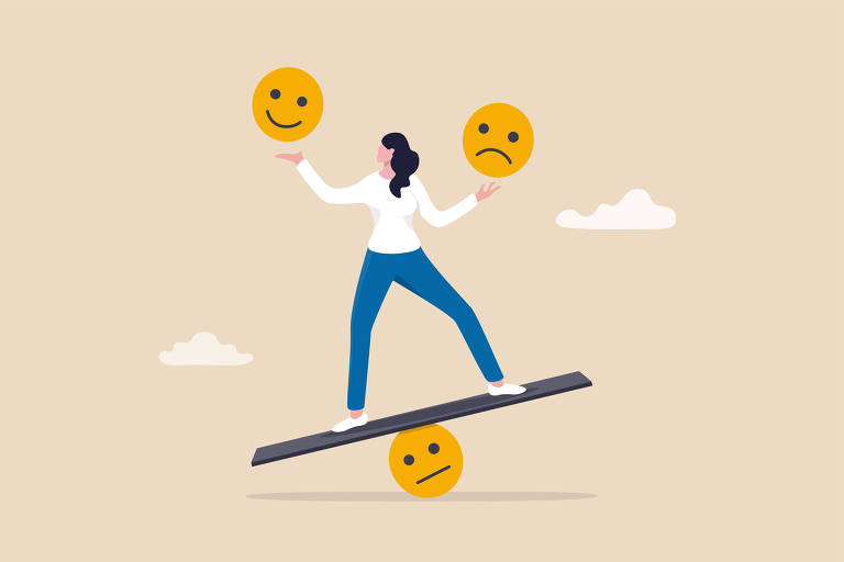 Uma ilustração minimalista mostra uma pessoa equilibrando-se em uma prancha sobre um emoji triste, enquanto segura dois emojis em suas mãos