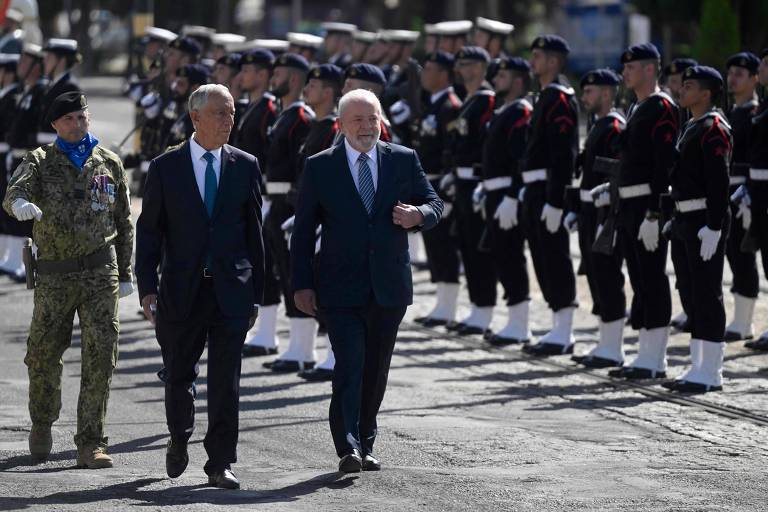 Os presidentes de Portugal e do Brasil, Marcelo Rebelo de Sousa e Luiz Inácio Lula da Silva, em Lisboa 