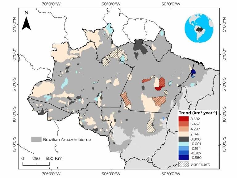 Mapa da região norte do Brasil com pontos de desmatamento