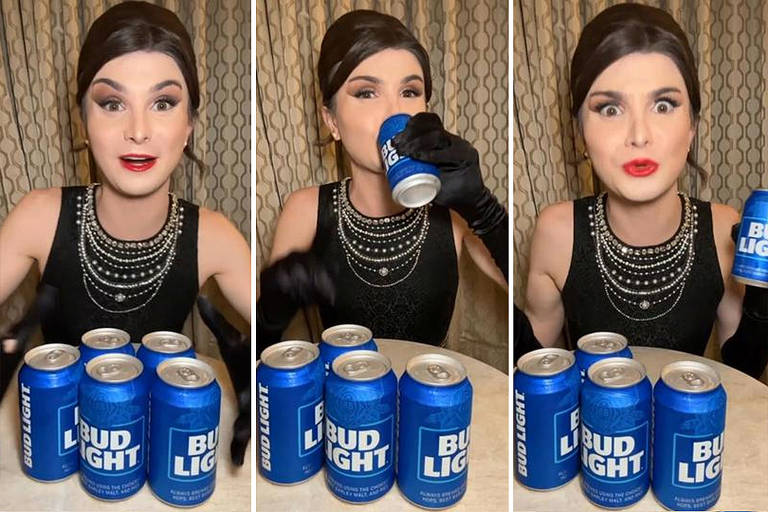 Três imagens, postas lado a lado, mostram menina bebendo cerveja e 'fazendo careta'. As latas são azuis, com o nome da Bud Light.