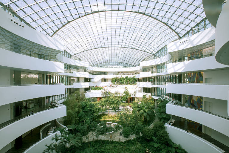 A foto mostra áreas externas e internas do Hospital Israelita Albert Einsten. o espaço é coberto por um telhado de vidro, em uma área central há diversas árvores e bancos, as paredes ao redor são brancas