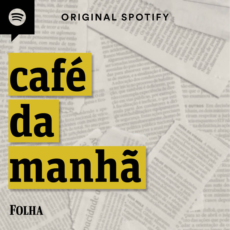 Imagem de capa do podcast Café da Manhã, com o nome do programa escrito sobre vários recortes de jornais. Logos de de Spotify e Folha de S.Paulo podem ser vistas nos cantos