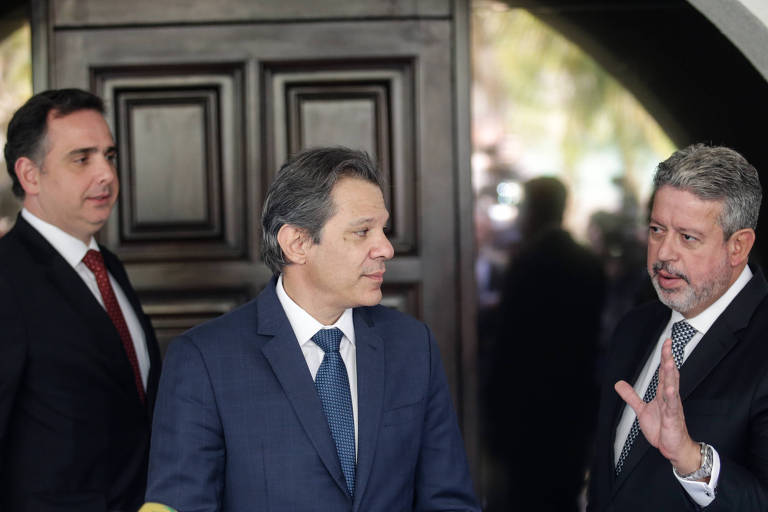 Rodrigo Pacheco, Fernando Haddad e Arthur Lira participam de entrevista em Brasília