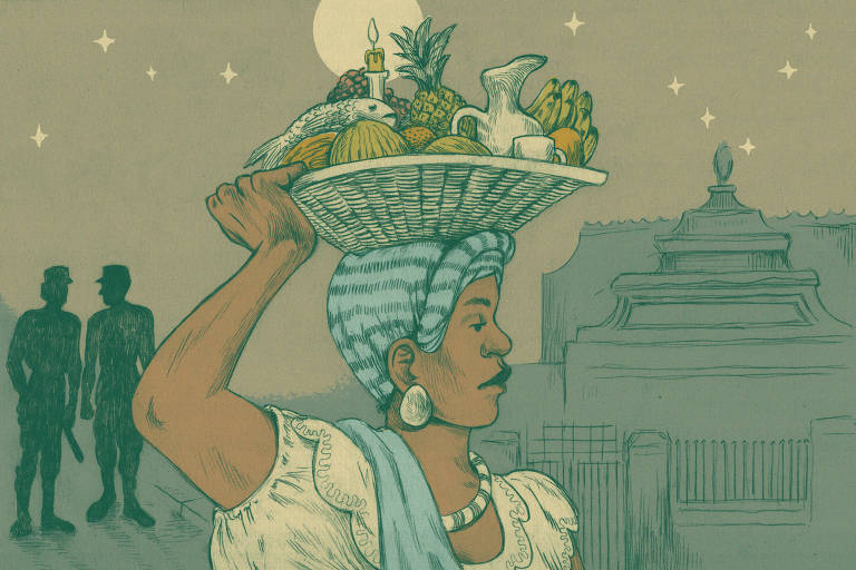 ilustração de Mariana Waechter mostra mulher negra carregando uma cesta de alimentos na cabeça. Ela é mostrada do peito para cima, usa um turbante azul e segura a cesta com a mão direita. A camisa é branca com babados, usa brinco branco e colar branco e azul. No ombro direito, tem um tecido azul. Ao fundo, à esquerda, aparece a silhueta de dois homens, aparentemente policiais. No lado direito tem uma construção, com grades