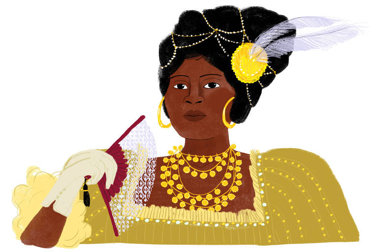 Ilustração de Veridiana Scarpelli mostra retrato de Jacinta de Siqueira. Ela aparece da cintura para cima, usa uma roupa amarela com babados. É negra, os cabelos são volumosos e adornados com correntinhas e um medalhão amarelo, que sustenta duas penas. Usa brincos de argolas douradas e colares come bolinhas também douradas. Está olhando em direção ao leitor. Na mão direita usa uma luva branca e segura um leque de renda, abanando a face. 