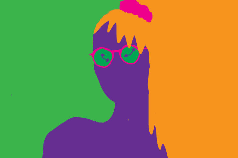 Sobre um fundo verde há uma silhueta de mulher violeta, usando um rabo de cavalo lateral laranja, preso com um prendedor fúcsia. A mulher também veste um óculos de armação rosa e lentes redondas verdes e ponterios violeta desenhados nas lentes.