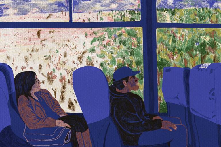 Arte ilustra pessoas sentadas em poltronas dentro de um ônibus ou trem, olhando pela janela a transição de uma paisagem do tipo savana para uma floresta úmida verde