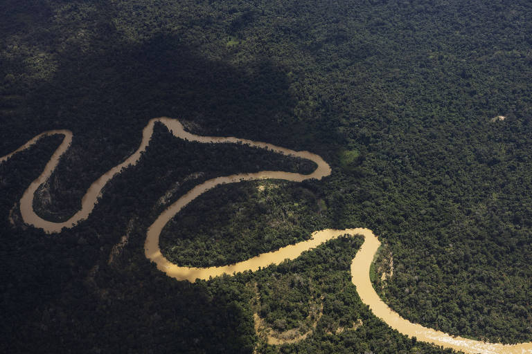Vista aérea do rio Mucajaí, cujas águas barrentas indicam a presença de garimpo, na região de Surucucu, dentro da Terra Indígena Yanomami