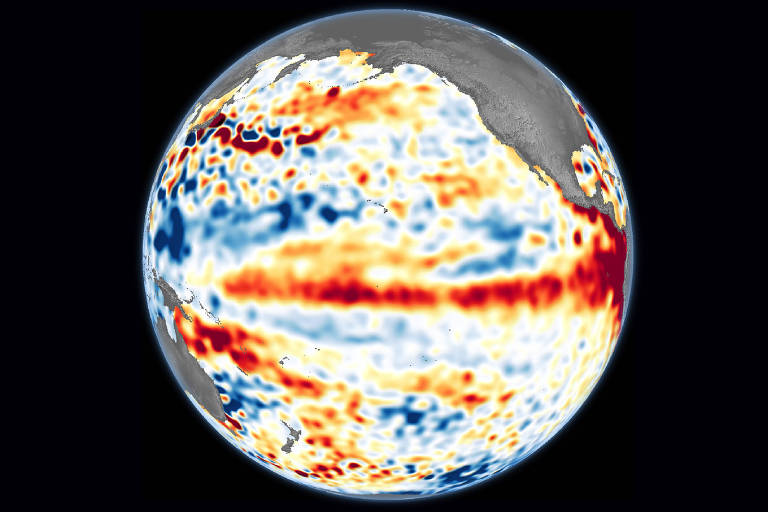 Mapa de calor da Terra, na região do Pacífico, mostra área em vermelho na linha do Equador, registrando a chegada do  El Niño