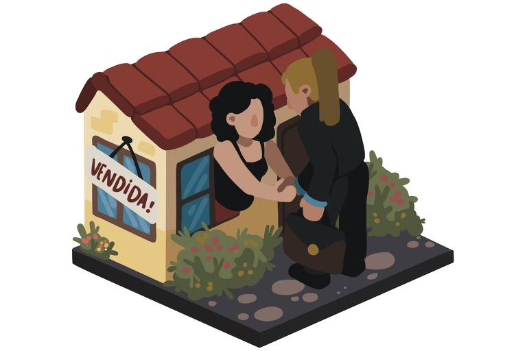 Ilustração mostra uma casinha e, na porta dela, duas pessoas dando um aperto de mão