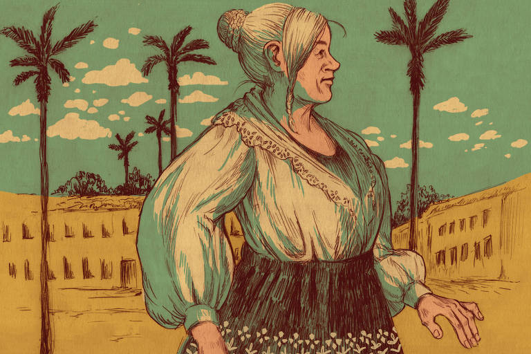 Ilustração de Mariana Waechter, em tons de marrom e azul, mostra, ao centro da cena, uma mulher olhando para o lado direito. Ela aparece das pernas para cima, usa uma camisa branca de manga longa com babados e uma saia preta com uma faixa com detalhes de bolinhas brancas. Os cabelos são brancos e longos e estão presos num coque atrás da cabeça. Uma mexa enrolada sai da testa até o pescoço. A expressão é de uma idosa serena. Ao fundo, contruções um pouco desfocadas e palmeiras completam o cenário.