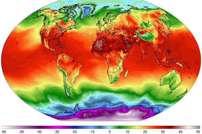 Mapa múndi com diferentes cores, indicando as temperaturas por região na data de 3 de julho