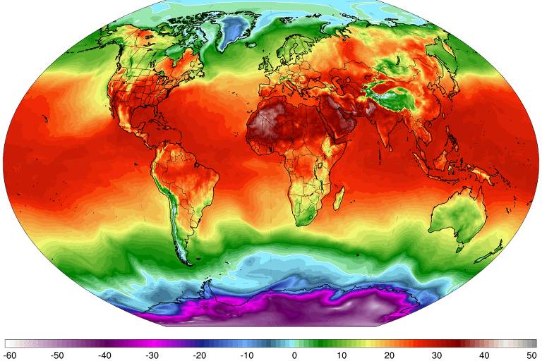 Mapa de calor do novo recorde de temperatura global, em 4 de julho de 2023