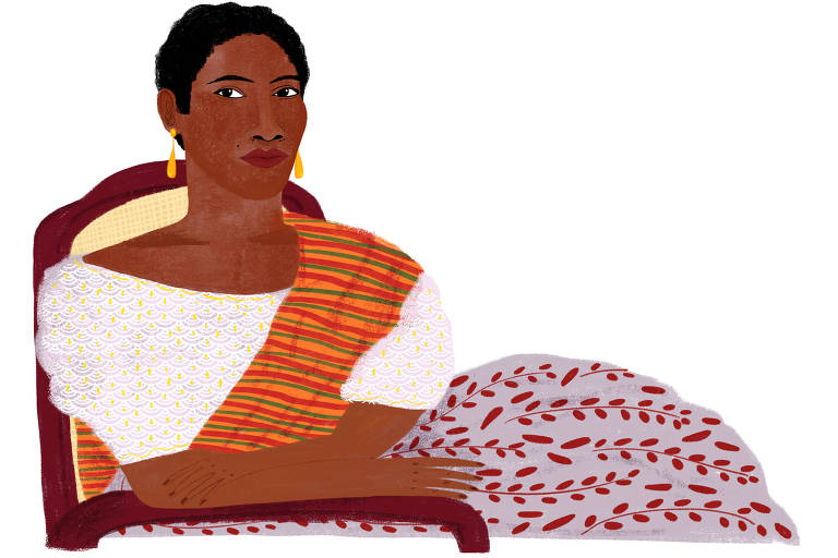 Ilustração de Veridiana Scarpelli mostra retrato de Francisca Mina (Chica Mina), negra, com os cabelos bem curtos, veste uma camisa branca com textura ovalada e decote canoa, de ombro a ombro. Ela aparece sentada, da cintura para cima, numa cadeira de madeira. É possível ver o braço da cadeira e parte do encosto entrelaçado. A saia de Francisca é lilás bem clarinho, com padronagem de folhas vermelhas. Ela usa brincos dourados em forma de gota. Do ombro esquerdo desce uma echarpe cor de laranja, com listras verdes e vermelhas.