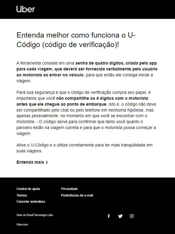 Imagem mostra um texto enviado pela Uber para todos os usuários