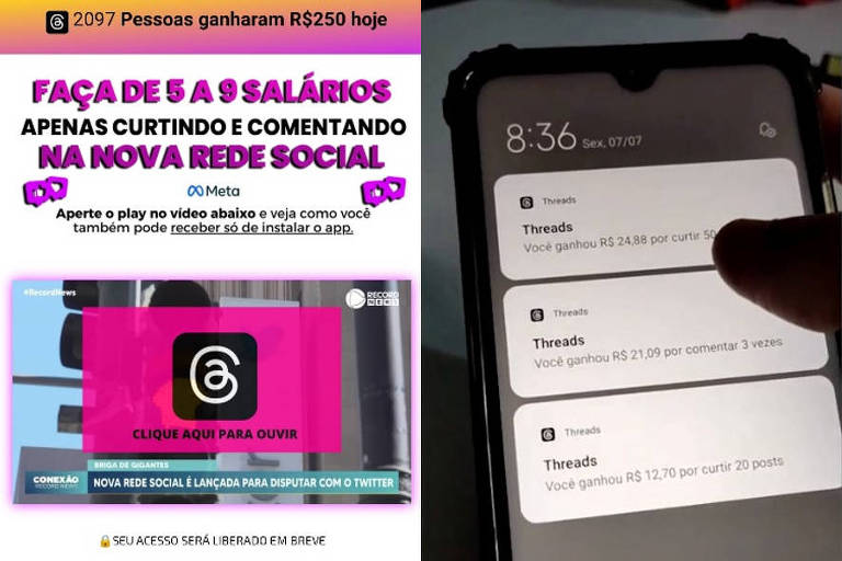 Golpistas prometem dinheiro por cliques no Threads para quem baixar app de R$ 147