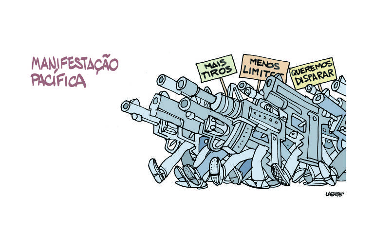 Charge de Laerte com o título Manifestação pacífica mostra uma passeata de armas de fogo, retratadas como pessoas, com pernas. Elas estão em marcha de protesto. Há fuzis semiautomáticos, pistolas e revólveres. Alguns cartazes aparecem, com os dizeres "mais tiros", "menos limites" e "queremos disparar".