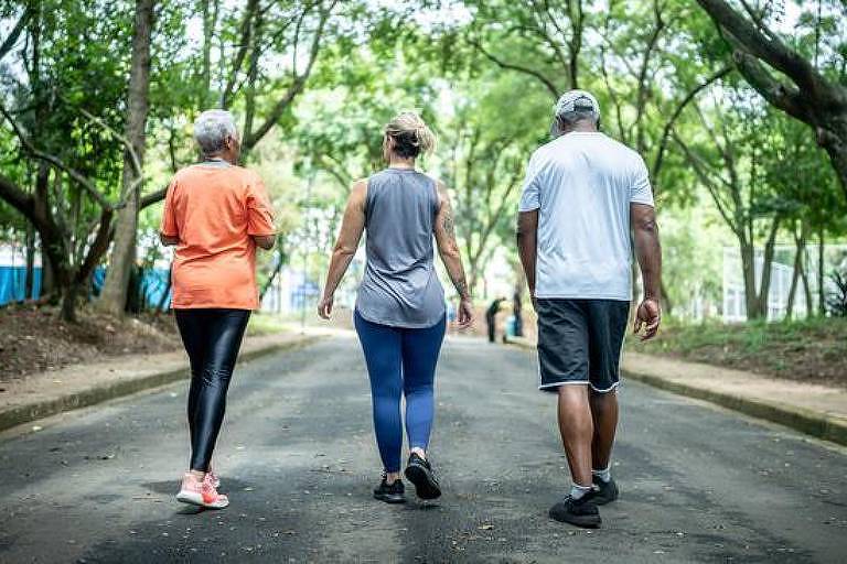 Três pessoas caminhando em área arborizada