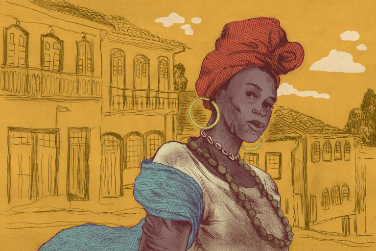 Ilustração de Mariana Waechter mostra uma mulher retratada da cintura para cima. Ela é negra, veste um turbante vermelho, camisa branca e um chale azul enrolado no braço direito. Ocupa a área central da tela e está ligeiramente virada para a esquerda, com o olhar voltado para o leitor. Usa um colar longo, de peças redondas em tom de marrom, e um outro de búzios, colado ao pescoço. Nas orelhas, grandes argolas douradas. O cenário amarelo, ao fundo, traz casarões desenhados com contornos de lápis.