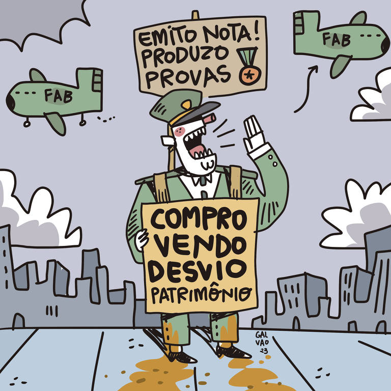 Na ilustração de Galvão Bertazzi, um general do exército brasileiro está em pé no centro de uma cidade grande. Ele está devidamente uniformizado com sua fantasia militar.No seu corpo está pendurada uma placa onde está escrito: COMPRO VENDO DESVIO PATRIMÔNIO. Ele ergue um cartaz onde está escrito: EMITO NOTA! PRODUZO PROVAS! ao lado de uma medalhinha de condecoração. O general está com a mão na boca, gritando. Um avião da FAB está decolando, enquanto um outro avião da FAB está aterrissando. A calça e sapatos do general estão sujos de lama.