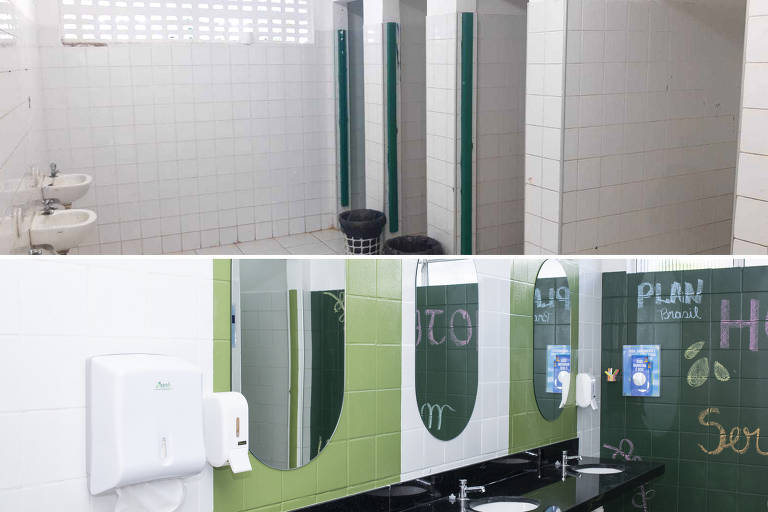 Na imagem de cima, o antes, em que é possível ver banheiros com paredes e pias brancas, sem espelhos. Na de baixo, há paredes verdes e brancas e espelhos