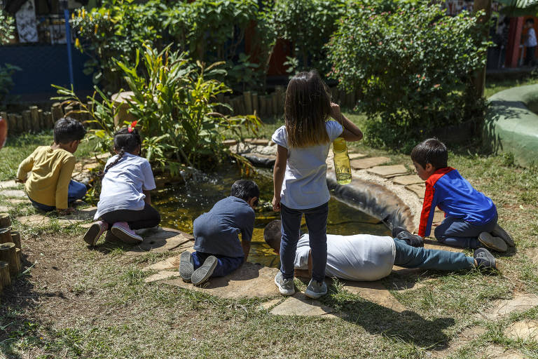 Crianças em volta de um lago