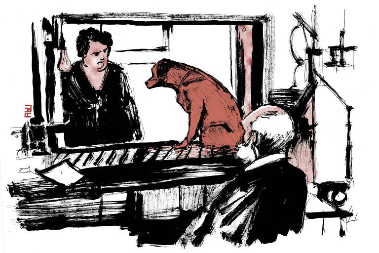 Versão desenhada de foto clássica do experimento científico de Pavlov com um cão.