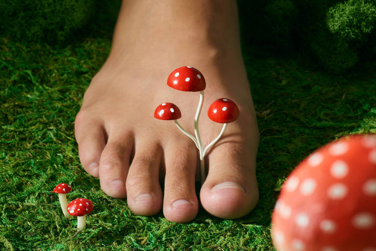 Ilustração de um pé em cima de um gramado com cogumelos nascendo entre os dedos