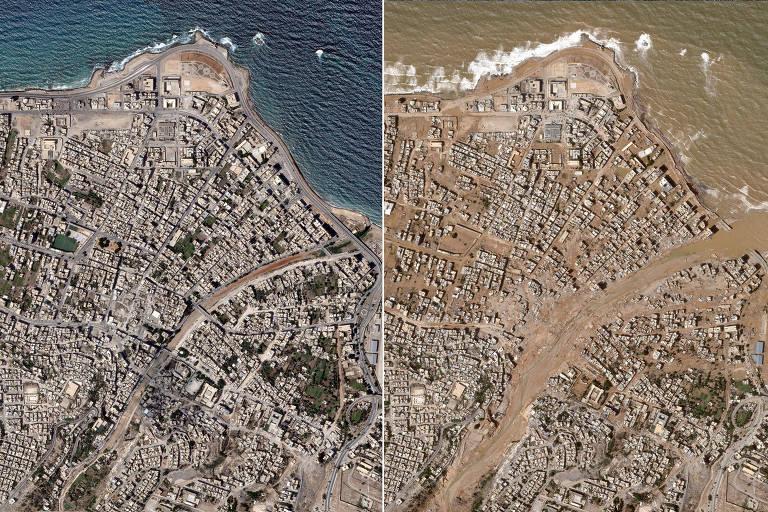 Duas imagens da mesma cidade vista de cima; de um lado, antes da tragédia, do outro, com tom barrento, percebe-se a ausência de diversas edificações e um aumento no canal de um corpo d'água central que havia