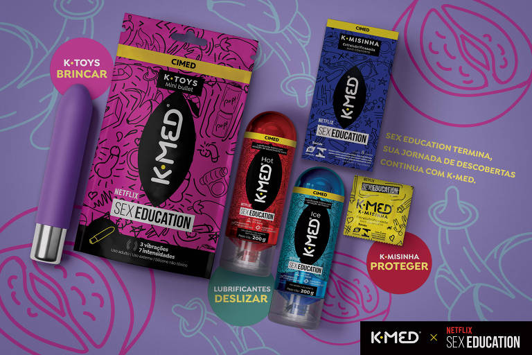 Imagem colorida mostra um vibrador, embalagens de lubrificante íntimo e embalgens de preservativos
