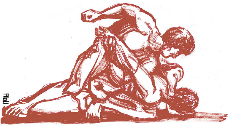 Representação de estátua romana em que dois homens musculosos nus lutam no estilo greco-romano bem próximos ao solo, com seus corpos atracados, um subjugando o outro